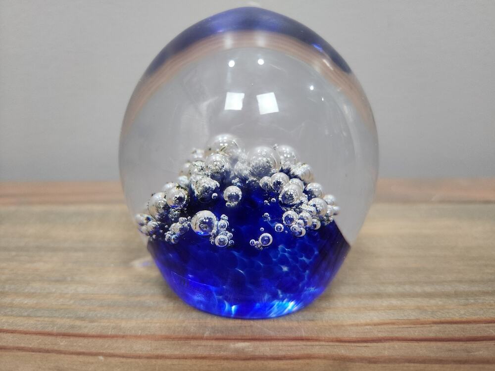 Vintage Moser Czechoslovakia Bubble Clear Blue Art Glass Paper Weight ,Signed